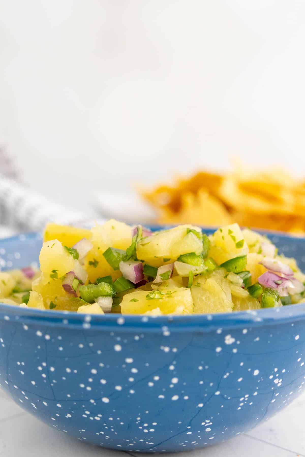 A blue speckled bowl filled with pineapple salsa, featuring pineapple chunks, red onion, cilantro, and jalapeño, with tortilla chips in the background.