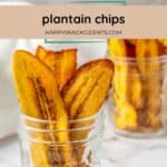 Two glass jars filled with golden, crispy plantain chips are placed on a marble surface. Text above reads "plantain chips" with a website URL below.