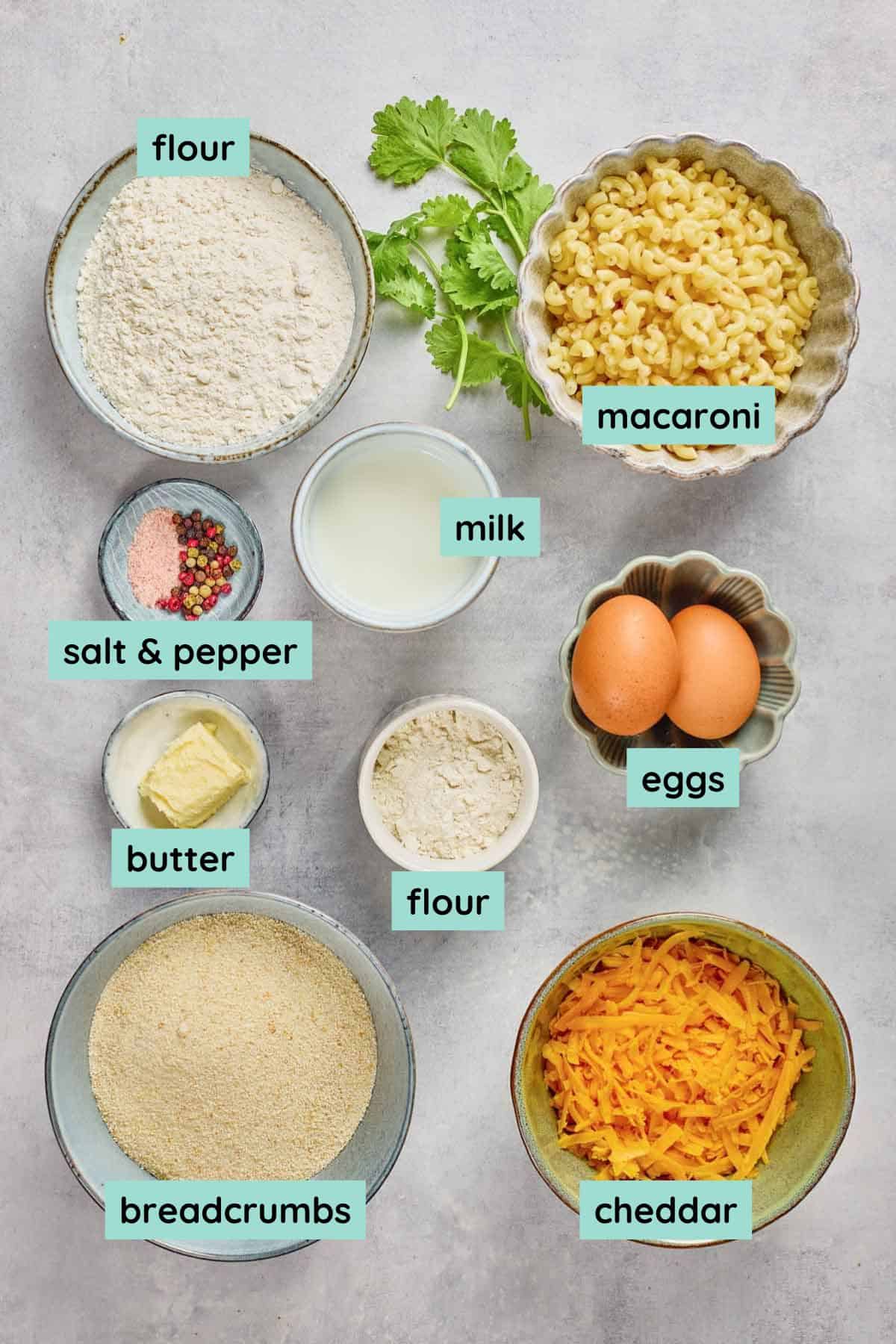 Bowls of macaroni, flour, milk, eggs, butter, breadcrumbs, cheddar cheese, salt and pepper, and fresh cilantro displayed on a gray surface.