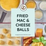 Step-by-step process of making fried mac and cheese balls, showing cheese mixture, forming balls, coating in breadcrumbs, and final fried product on a plate.