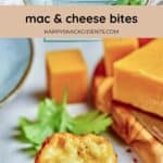 Bowl of crispy mac and cheese bites, with cheese cubes and parsley. Cut bite shows creamy macaroni filling. Text reads, “mac & cheese bites.”.